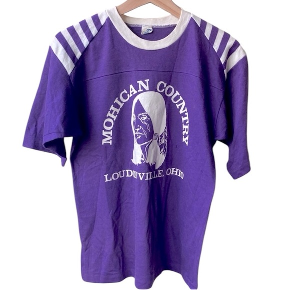 Vintage Mohican County T-shirt ringer raglan stripe 70s 80s Native purple white - Picture 6 of 7